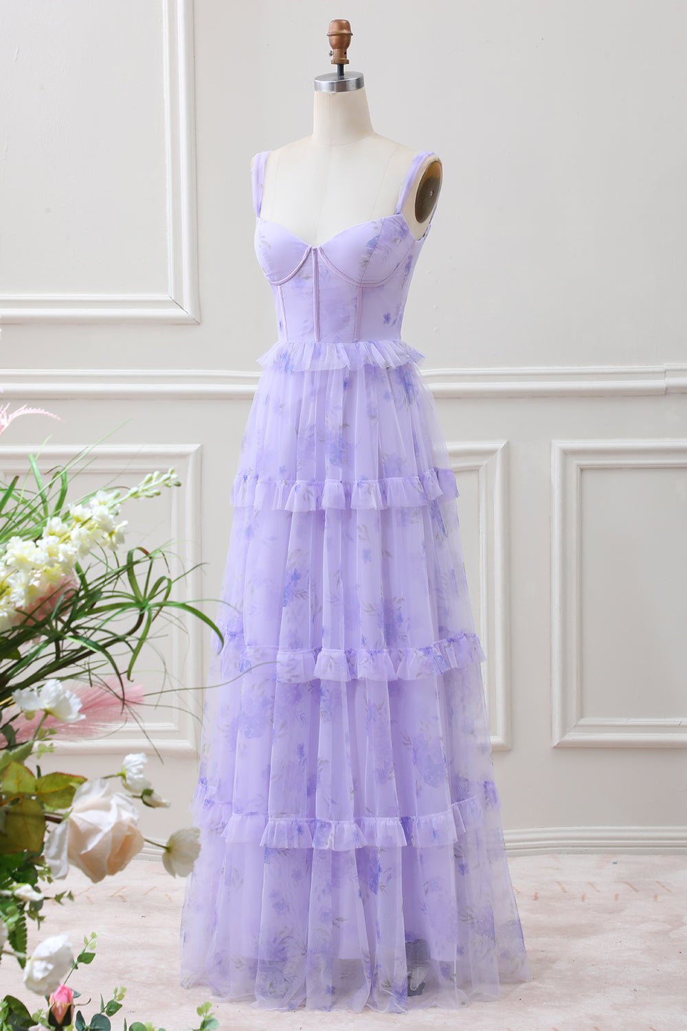Lavender A Line Corset Spaghetti Straps Floral Tiered Maxi Dress - Image 2