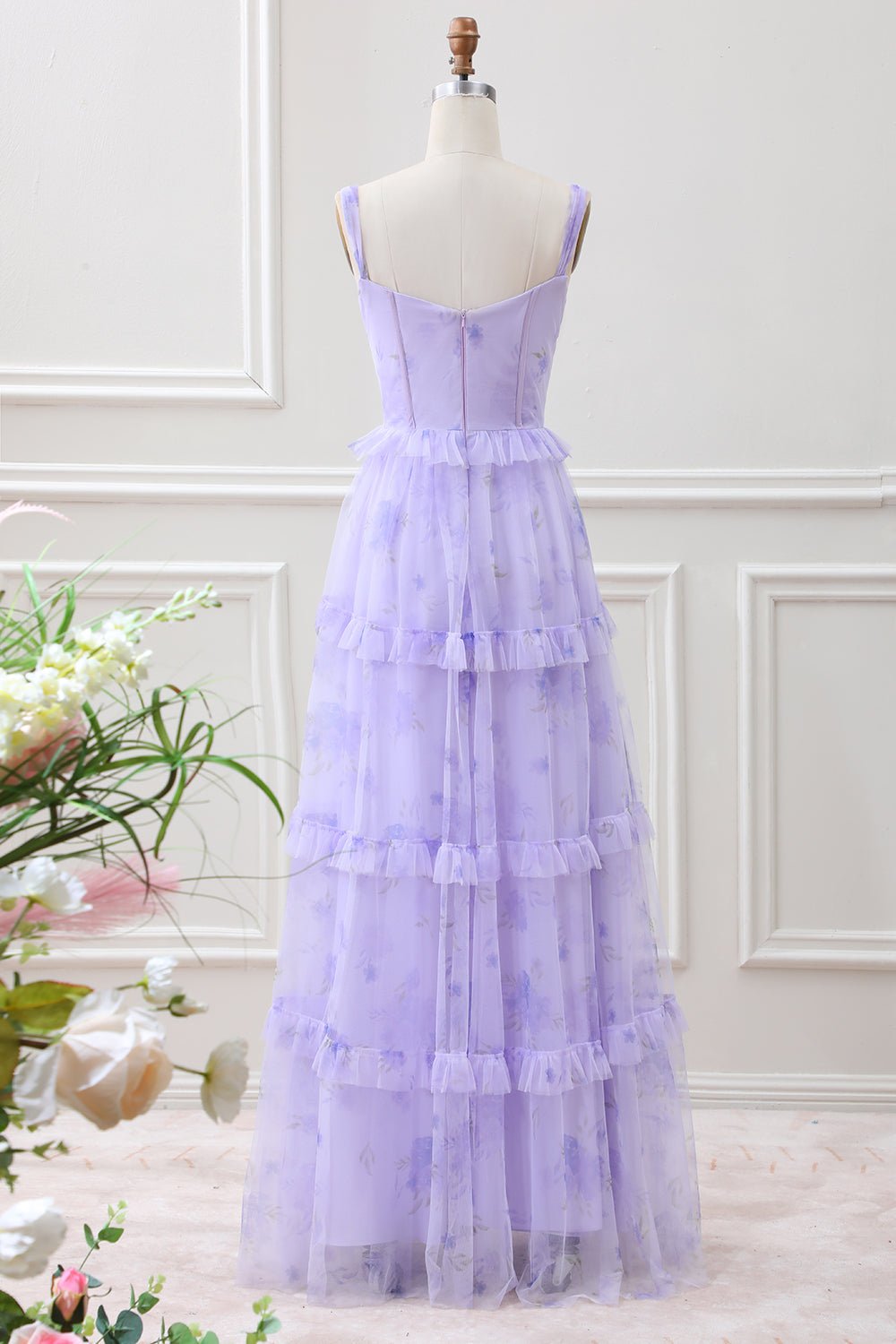 Lavender A Line Corset Spaghetti Straps Floral Tiered Maxi Dress - Image 5