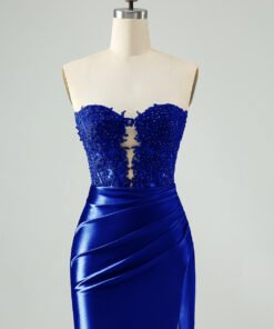 Sparkly Royal Blue Bodycon Strapless Hollow Out Mini Dress with Lace