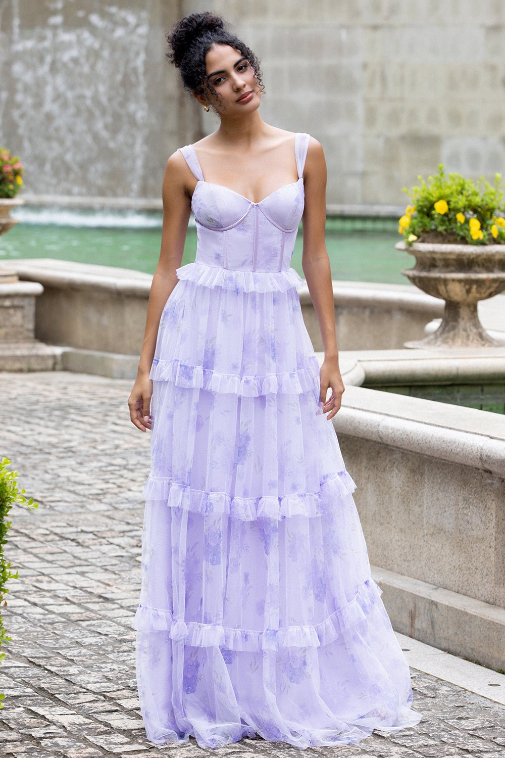 Lavender A Line Corset Spaghetti Straps Floral Tiered Maxi Dress - Image 3