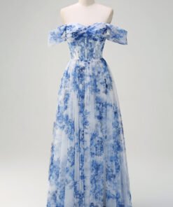 White Blue Flower Corset Off the Shoulder Maxi Dress