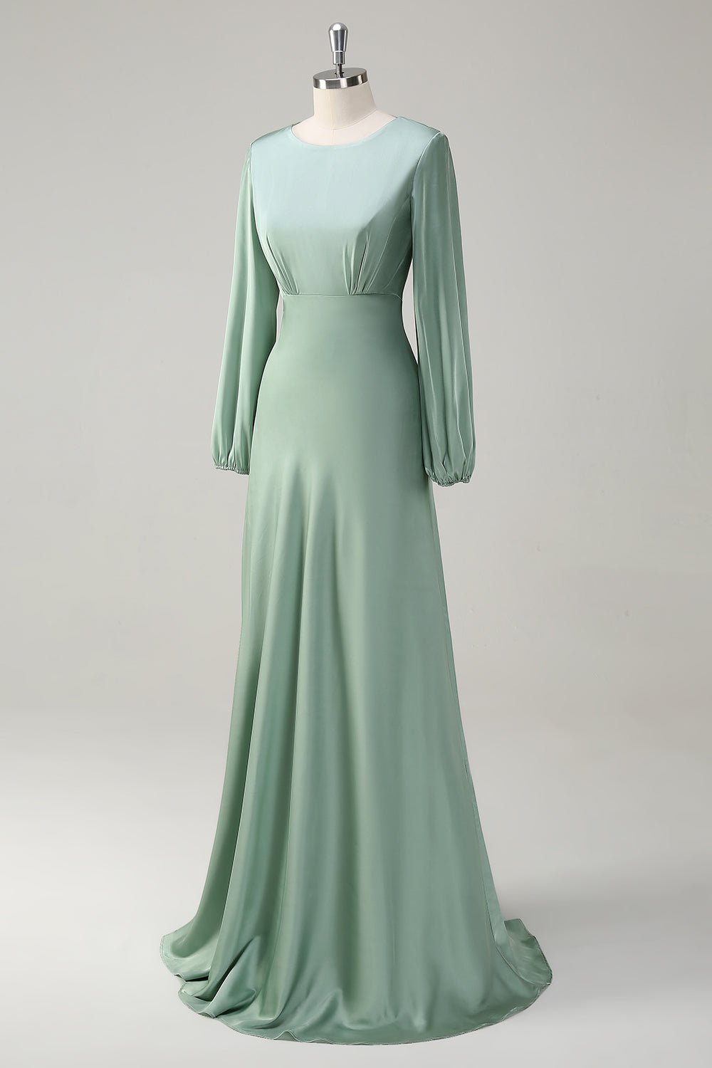 Modest Long Sleeve Round Neck Sage Bridesmaid Dress - Image 3