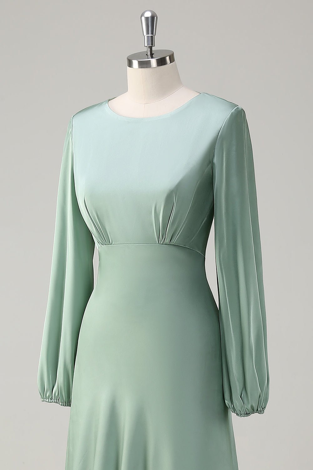 Modest Long Sleeve Round Neck Sage Bridesmaid Dress - Image 6