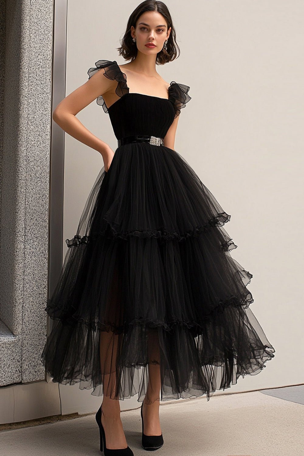 A Line Tulle Tea-Length Black Prom Dress