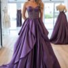 A Line Ruffled Strapless Taffeta Beaded Prom Dress