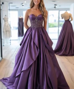 A Line Ruffled Strapless Taffeta Beaded Prom Dress