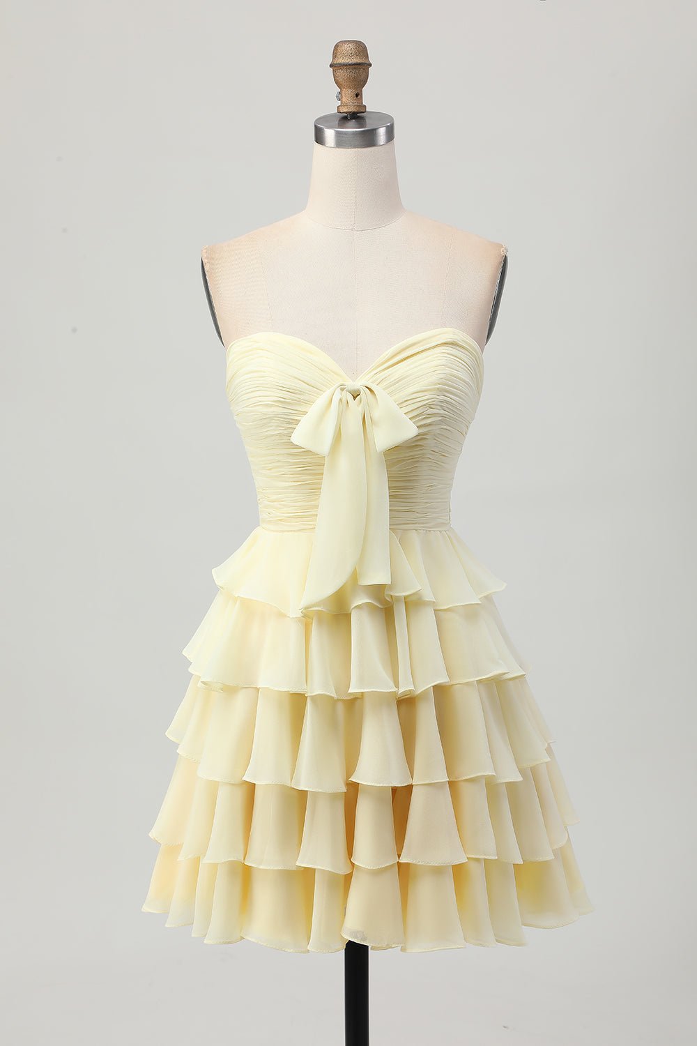 Light Yellow Strapless Tiered Ruffle A-Line Homecoming Dress - Image 3