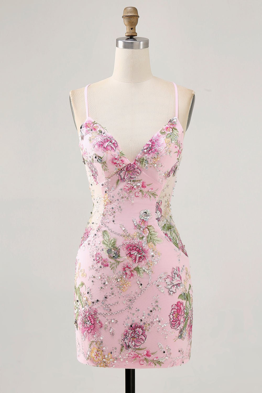 Floral Bodycon Sequin Pink Homecoming Dress with Lace-up Back