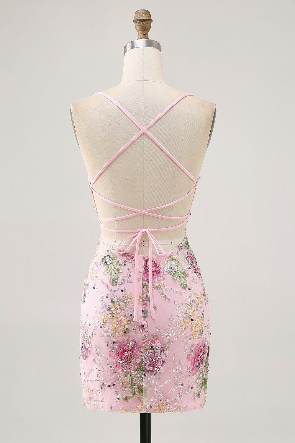 Floral Bodycon Sequin Pink Homecoming Dress with Lace-up Back - Image 2