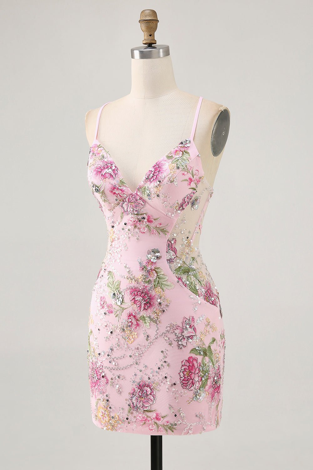 Floral Bodycon Sequin Pink Homecoming Dress with Lace-up Back - Image 5