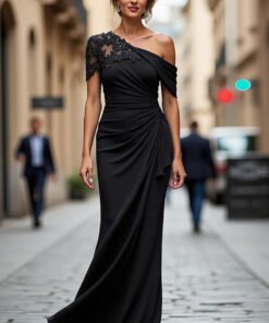 One Shoulder Black Mermaid Appliqued Mother Of The Bride Dress