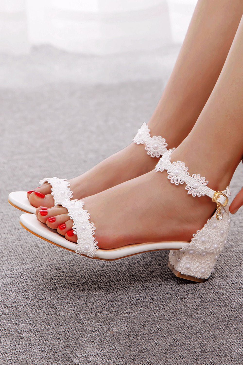 Lace White Block Heel Wedding Shoes With Pearls - Image 5
