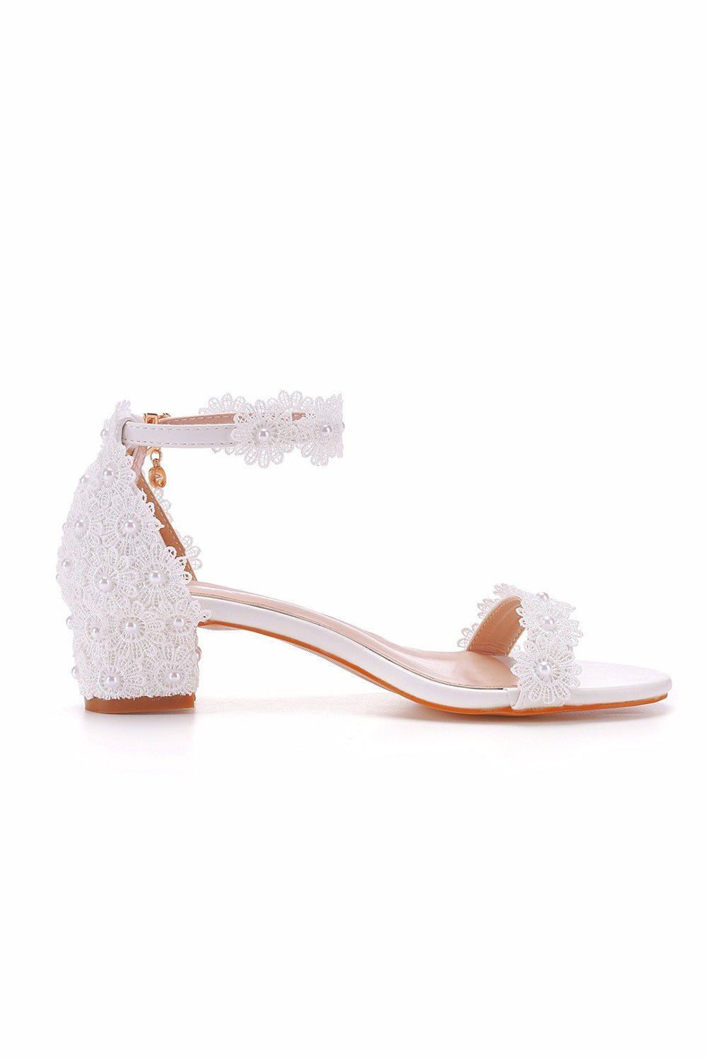 Lace White Block Heel Wedding Shoes With Pearls - Image 6