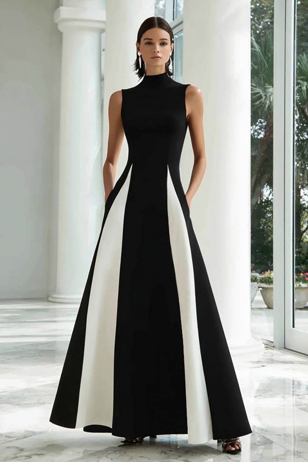 Black and White A-Line High Neck Long Formal Dress