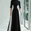 Black and White A-Line Long Formal Dress with Half Sleeves