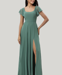 A-Line Eucalyptus Square Neck Ruffles Maxi Dress with Slit