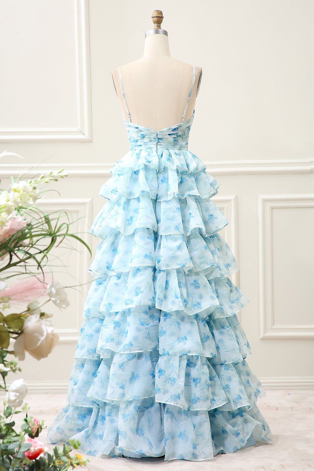 A Line Spaghetti Straps Cut Out Tiered Blue Tiered Maxi Dress - Image 2