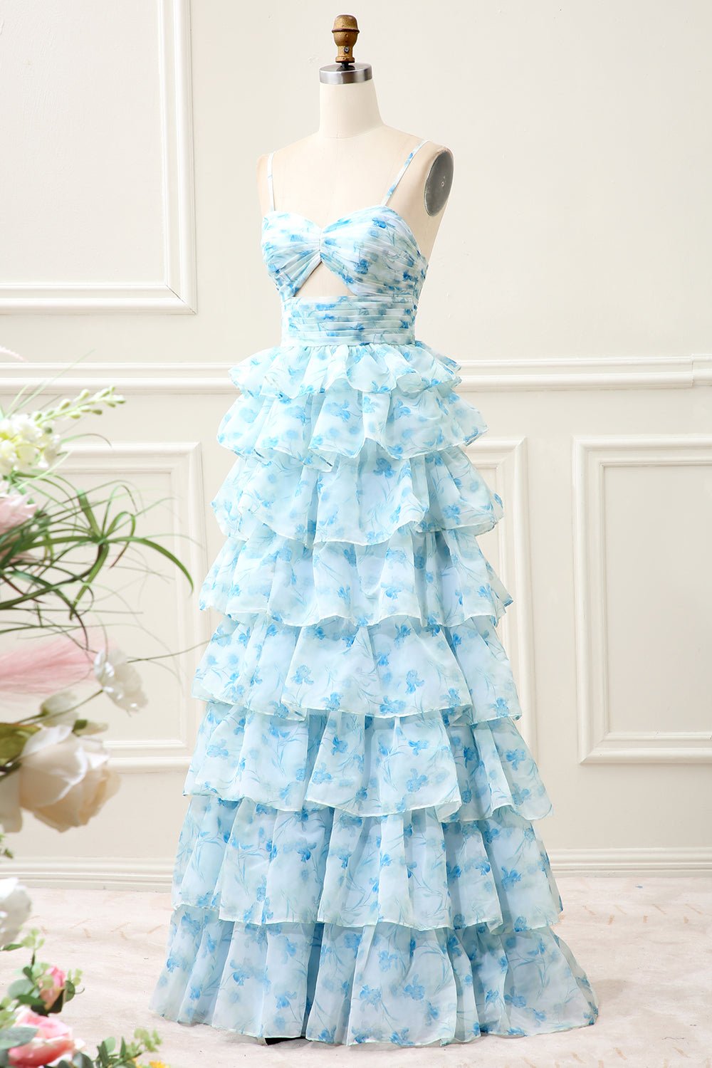 A Line Spaghetti Straps Cut Out Tiered Blue Tiered Maxi Dress - Image 3
