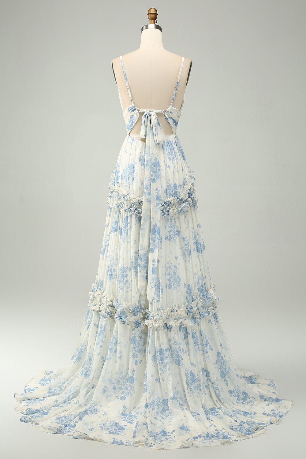 White Blue Flower A Line Long Tulle Maxi Dress with Ruffles - Image 2