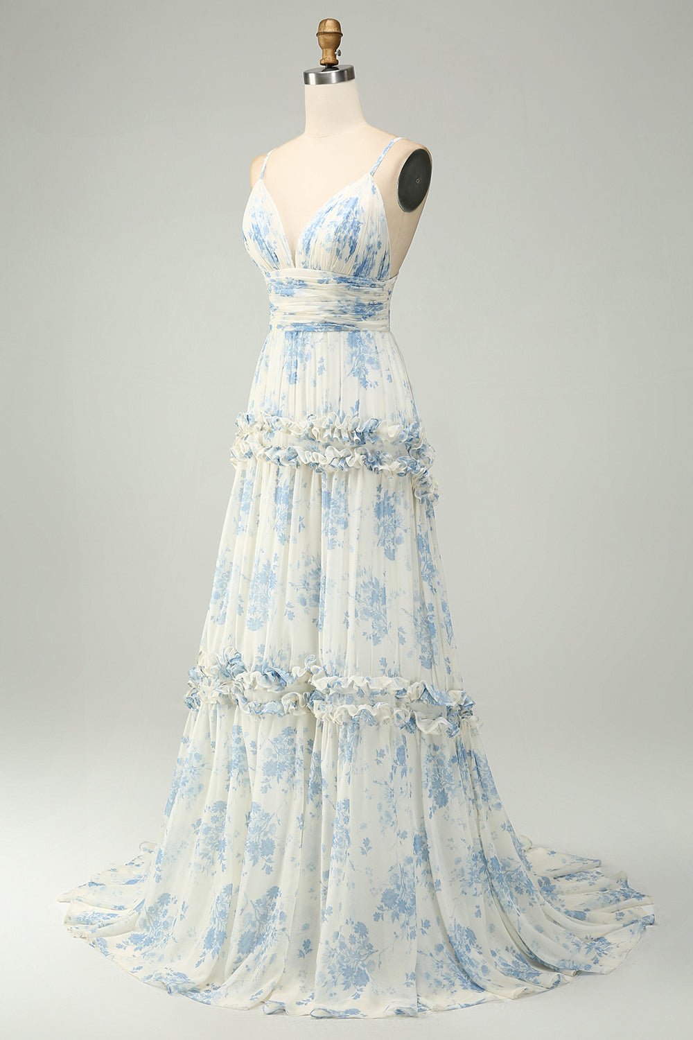White Blue Flower A Line Long Tulle Maxi Dress with Ruffles - Image 3