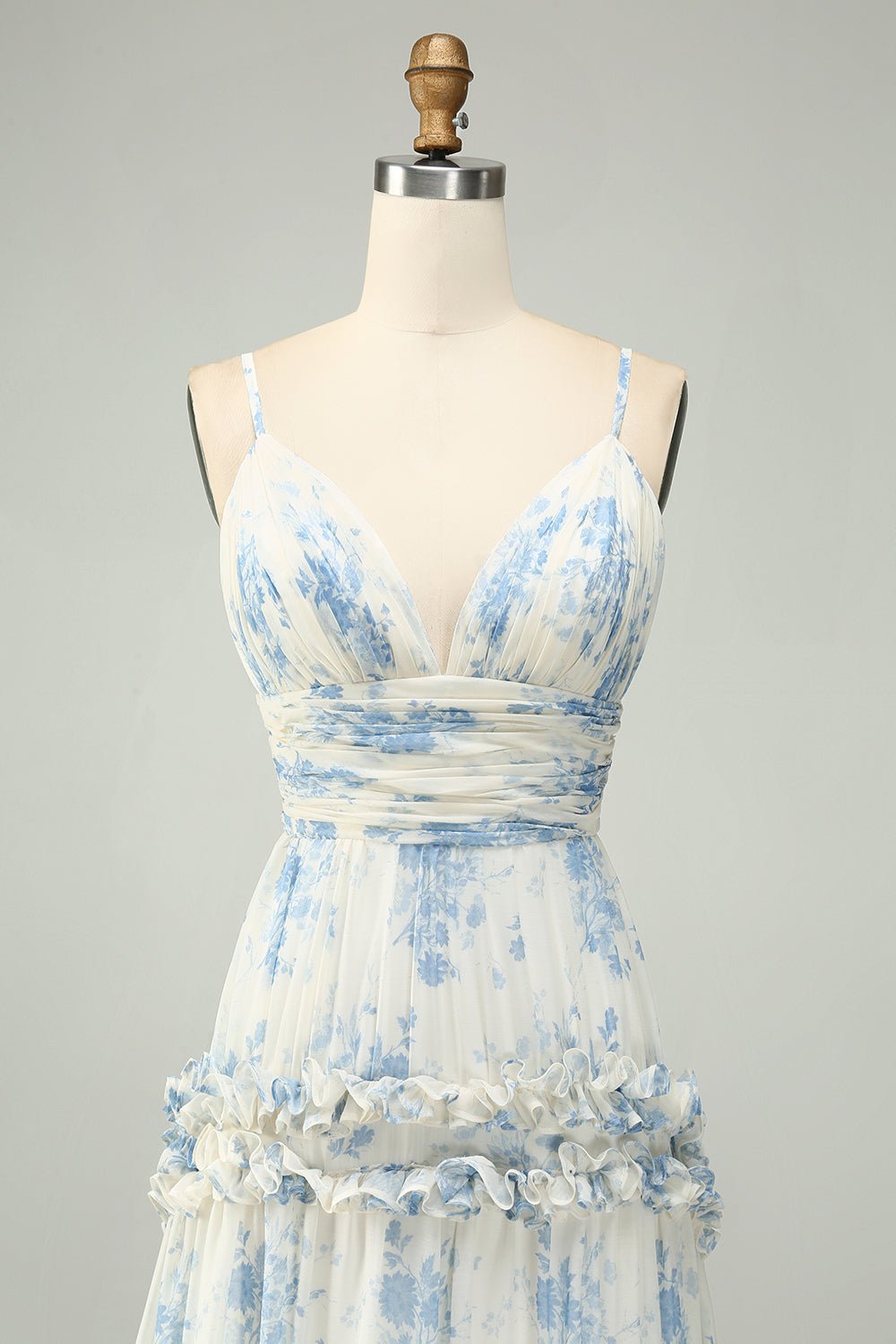 White Blue Flower A Line Long Tulle Maxi Dress with Ruffles - Image 4