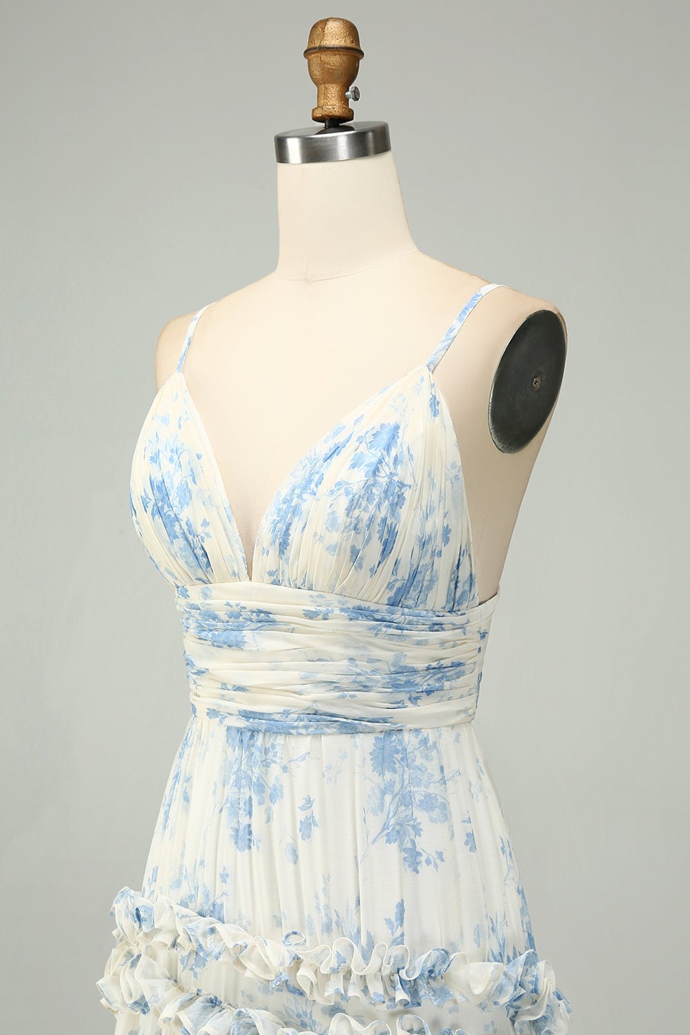 White Blue Flower A Line Long Tulle Maxi Dress with Ruffles - Image 5