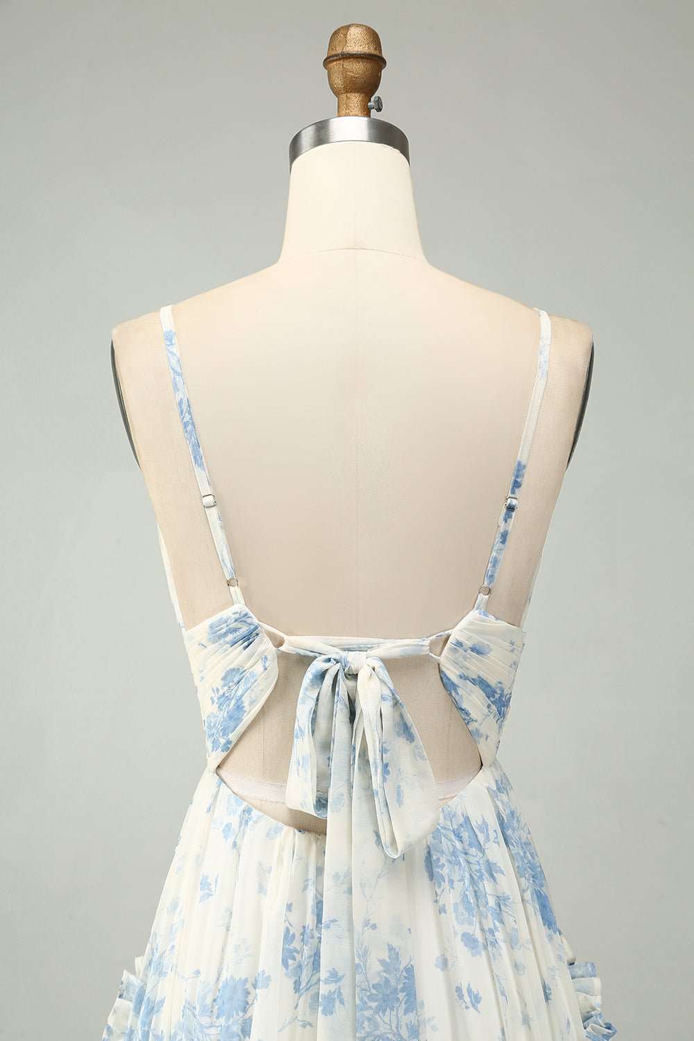 White Blue Flower A Line Long Tulle Maxi Dress with Ruffles - Image 6